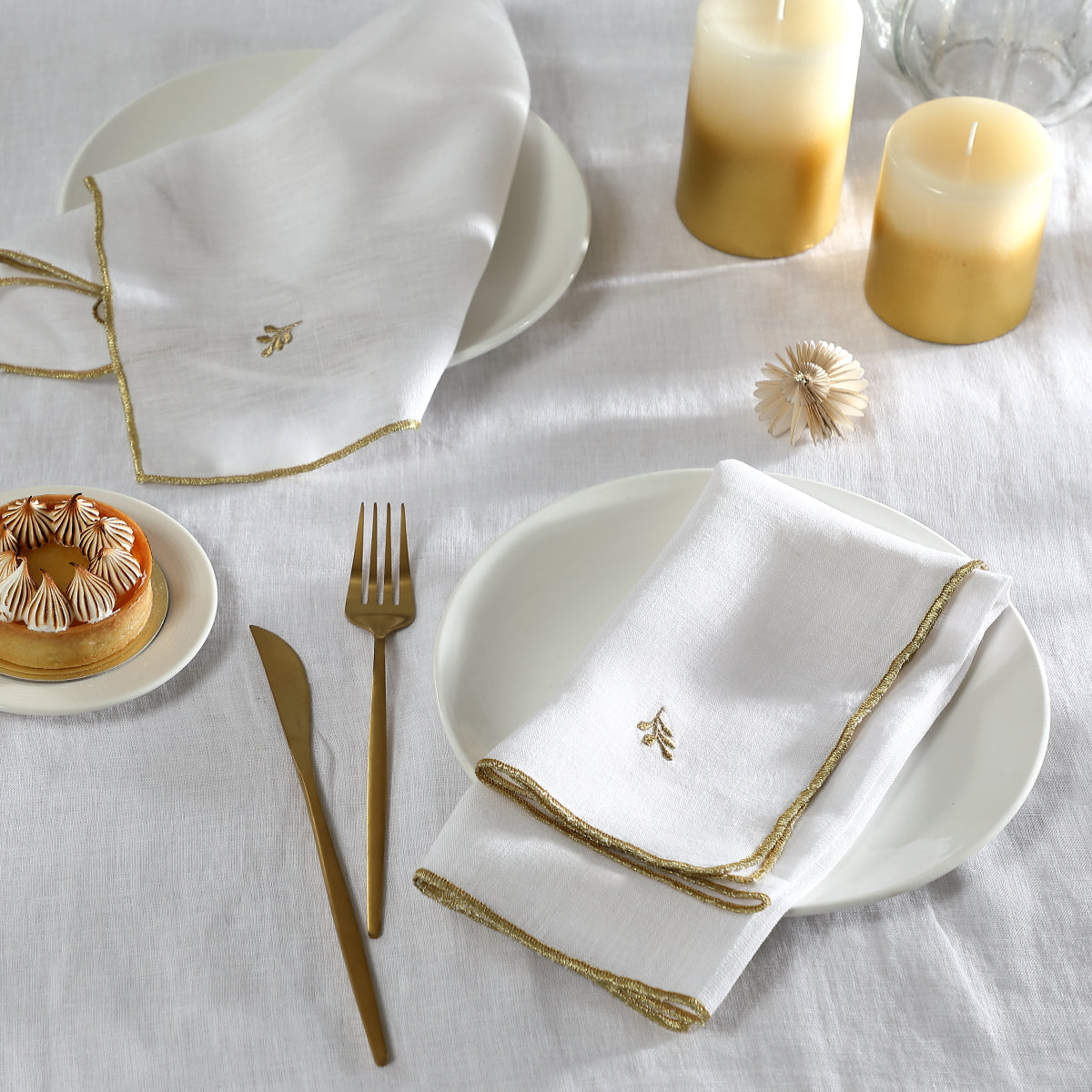 Nappe lin lavé 150x250 CAMILLE - blanc / or