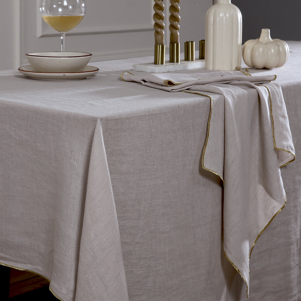 Nappe + 4 serviettes lin lavé 150x250 CAMILLE - naturel / or