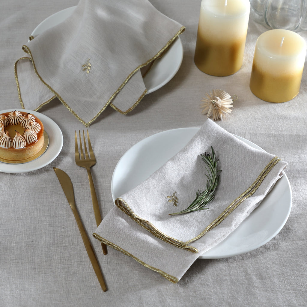 Nappe + 4 serviettes lin lavé 150x250 CAMILLE - naturel / or