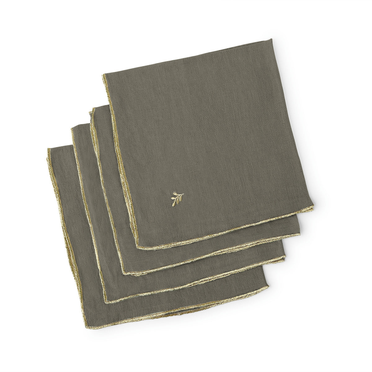 Serviette de table (x4) lin lavé 45x45 CAMILLE - vert kaki / or