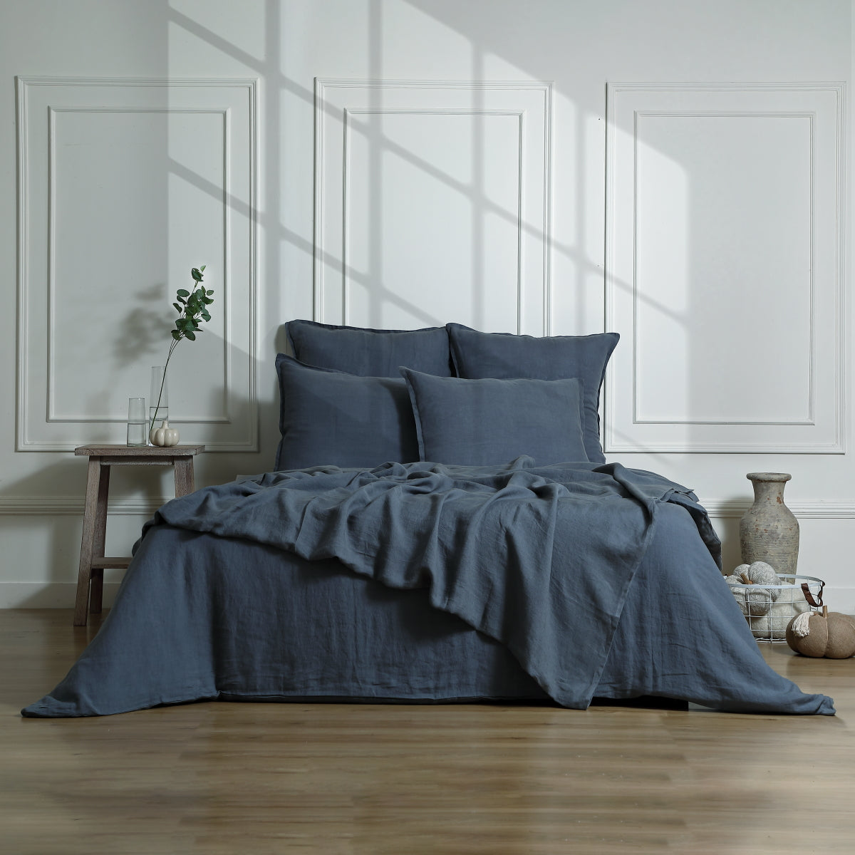 Drap housse lin lavé bleu orage CAMILLE - 180x200x30 cm