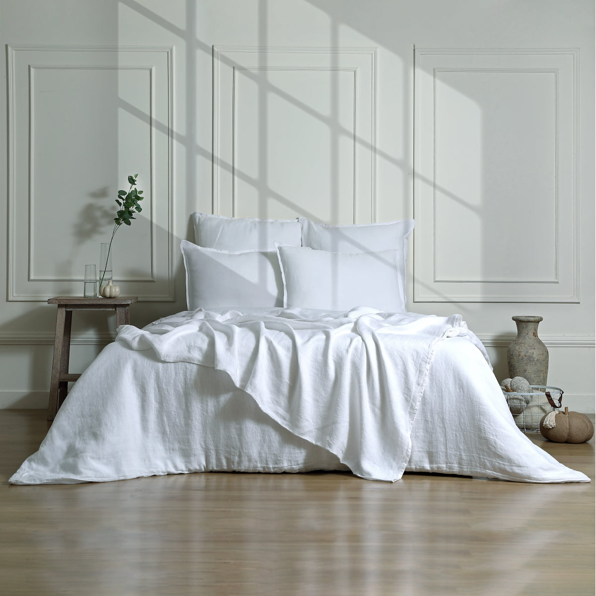 Parure + taies 65x65 lin lavé blanc CAMILLE - 260x240+2(65x65) cm