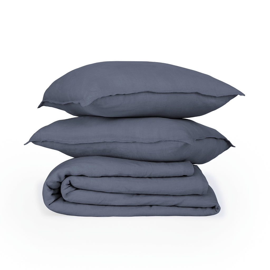 Parure + taies 65x65 lin lavé bleu orage CAMILLE - 240x220+2(65x65) cm