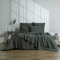 Parure + taies 65x65 lin lavé vert kaki CAMILLE - 240x220+2(65x65) cm