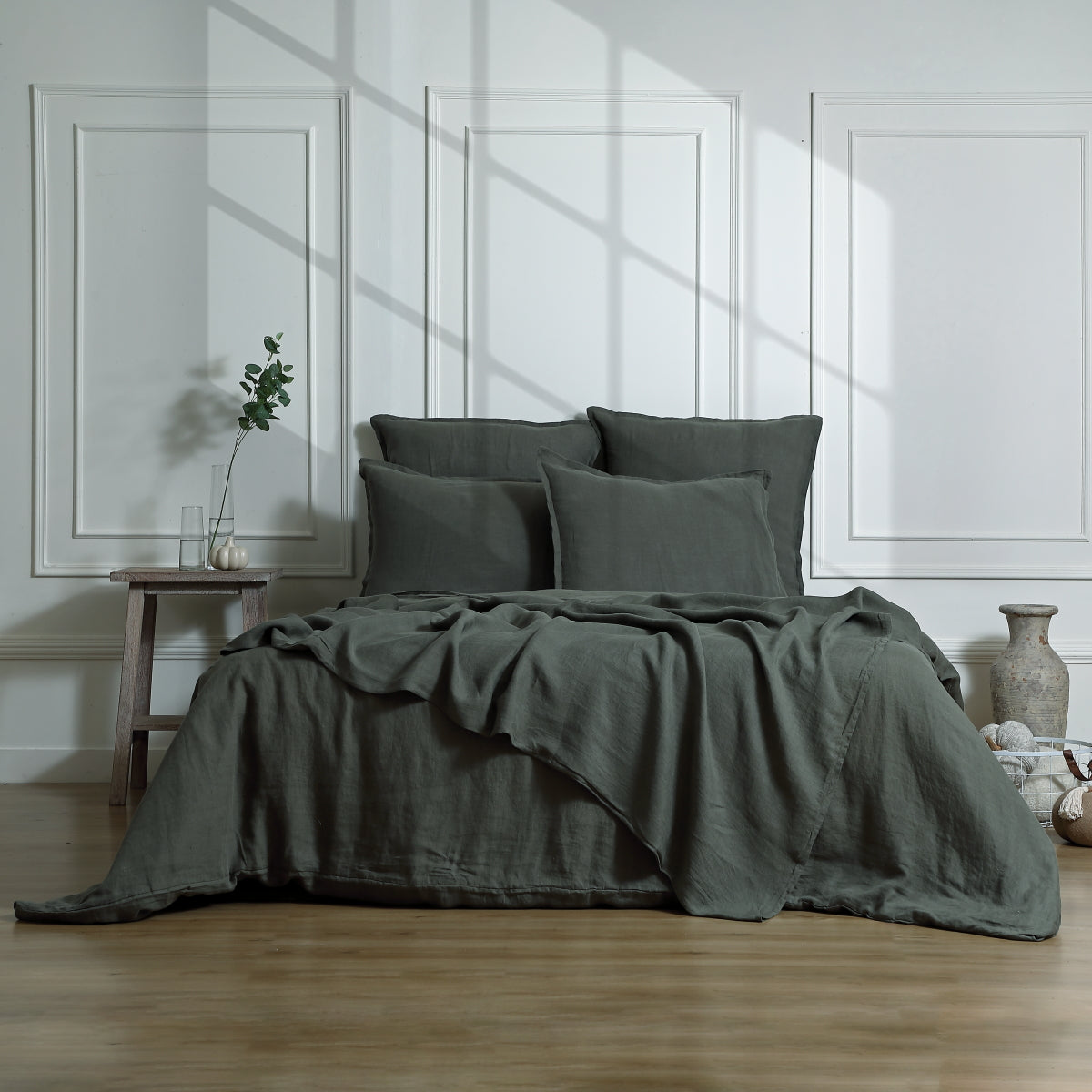 Jeté de lit lin lavé 230x250 CAMILLE - vert kaki