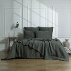 Jeté de lit lin lavé 230x250 CAMILLE - vert kaki