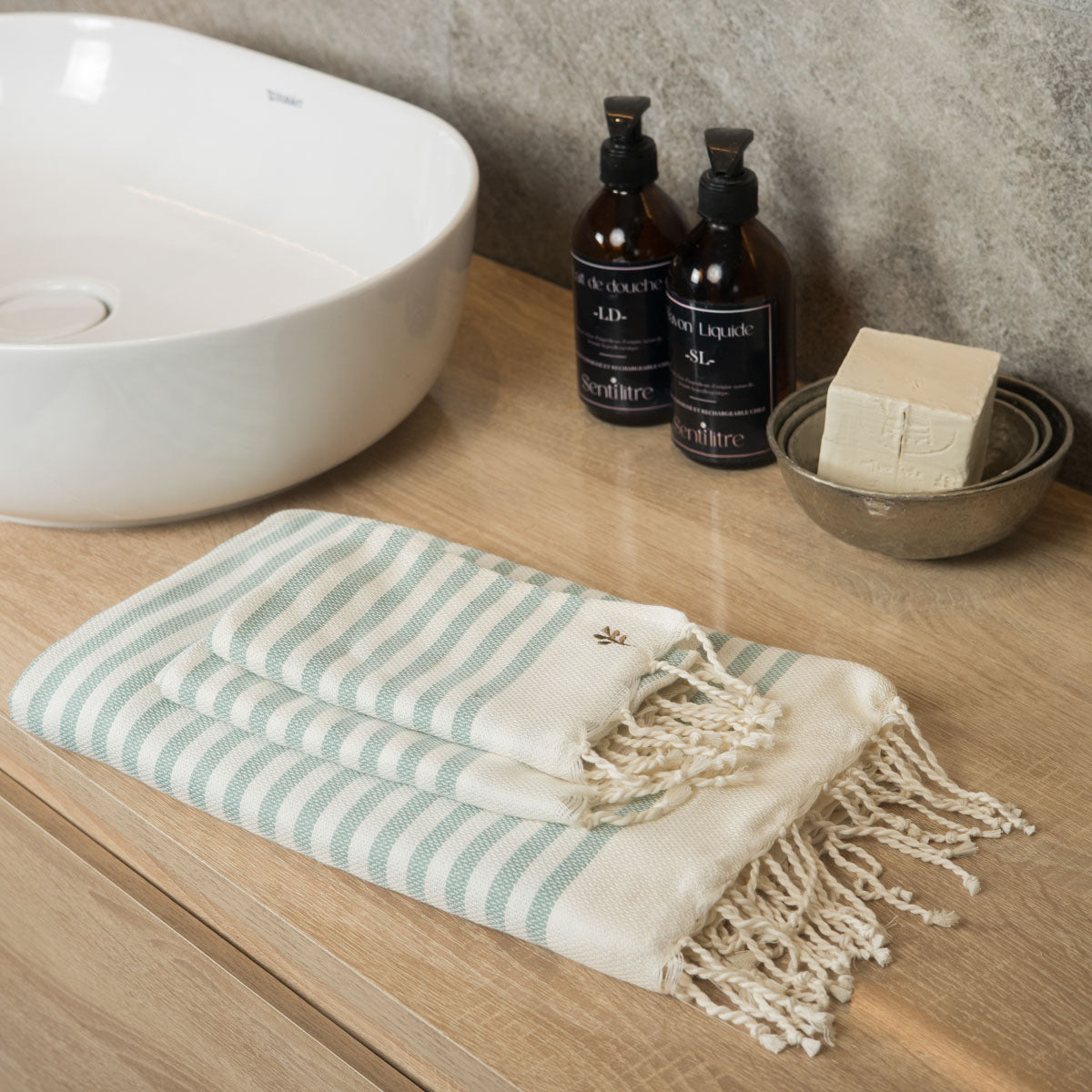 Foutas de bain (1+2) coton 100x200+2(40x60) HOSSEGOR - vert d'eau