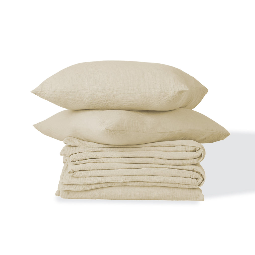 Parure + taies 65x65 gaze de coton sable CARLA - 240x220+2(65x65) cm