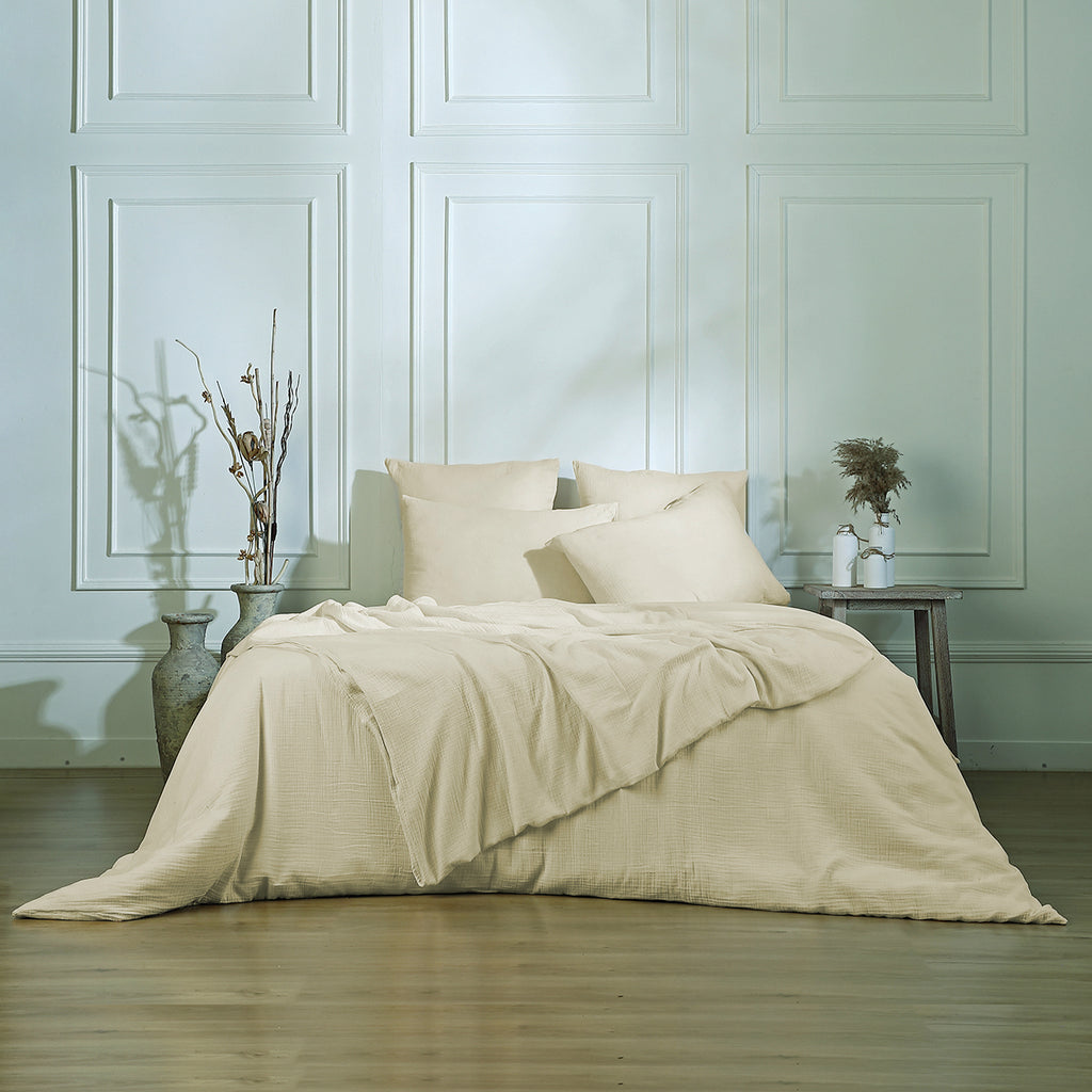 Parure + taies 65x65 gaze de coton sable CARLA - 240x220+2(65x65) - febronie.com