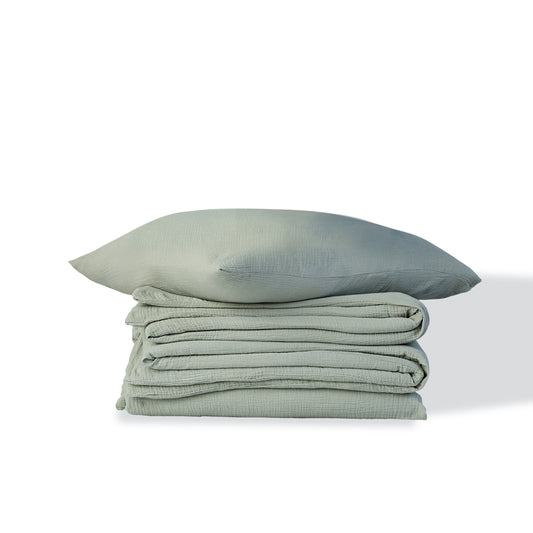 Parure + taies 65x65 gaze de coton céladon CARLA