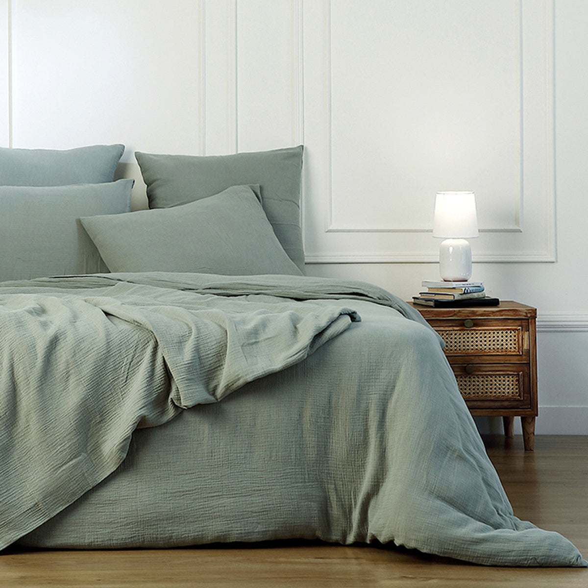 Parure + taies 65x65 gaze de coton céladon CARLA - 140x200+65x65