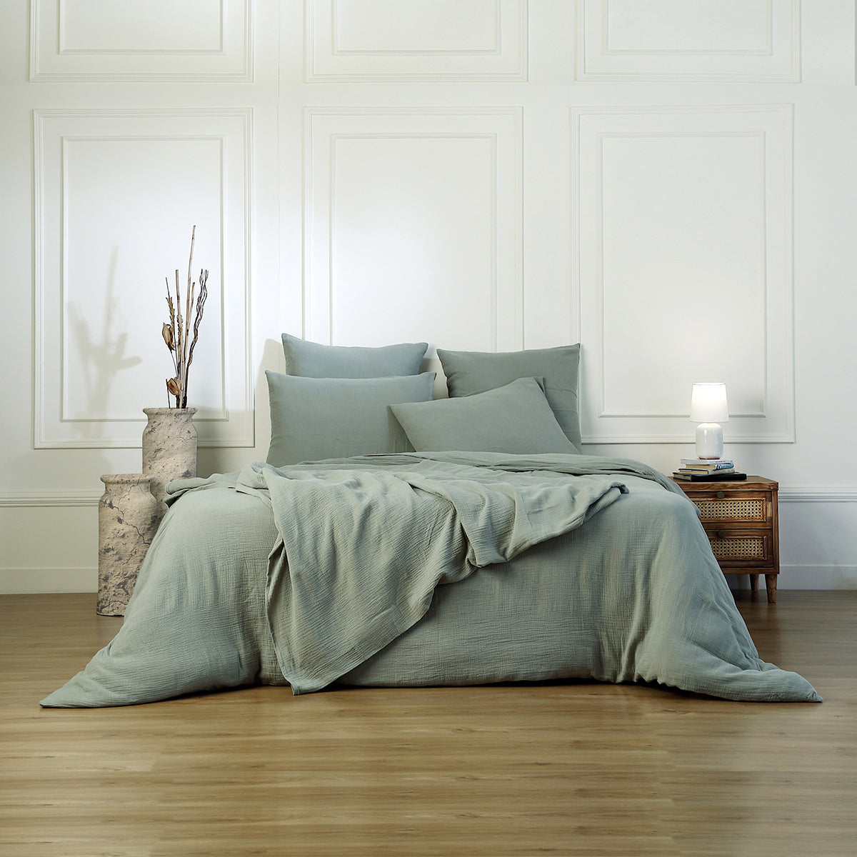 Completo letto CARLA in garza di cotone celadon + federe 65x65