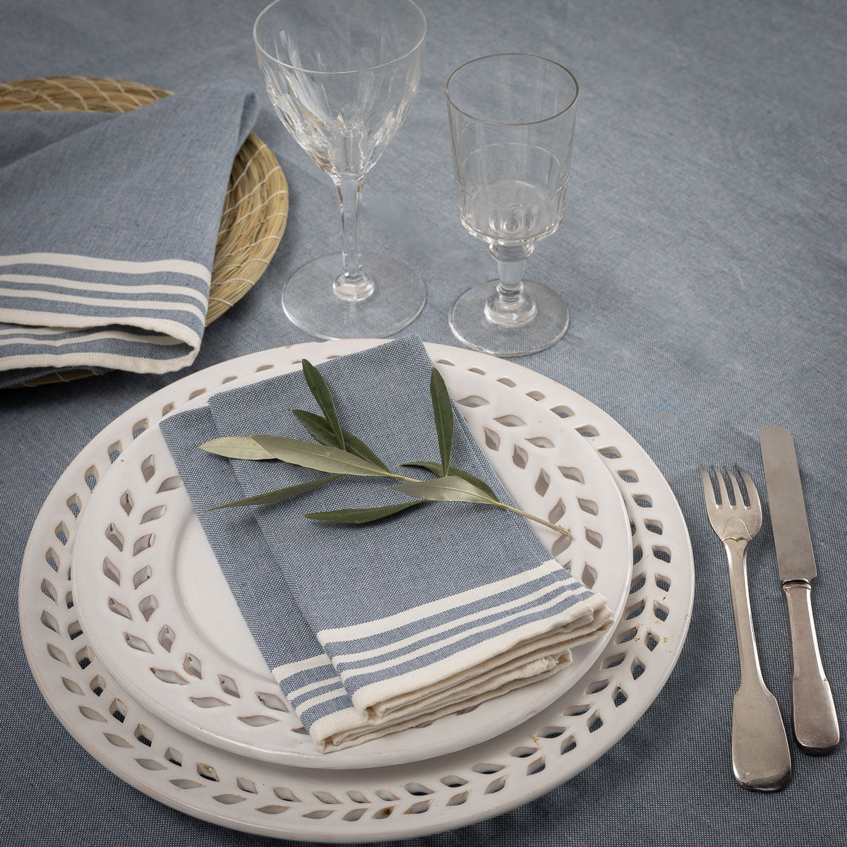 Nappe + 4 serviettes coton 150x250 MAHDIA - bleu jean