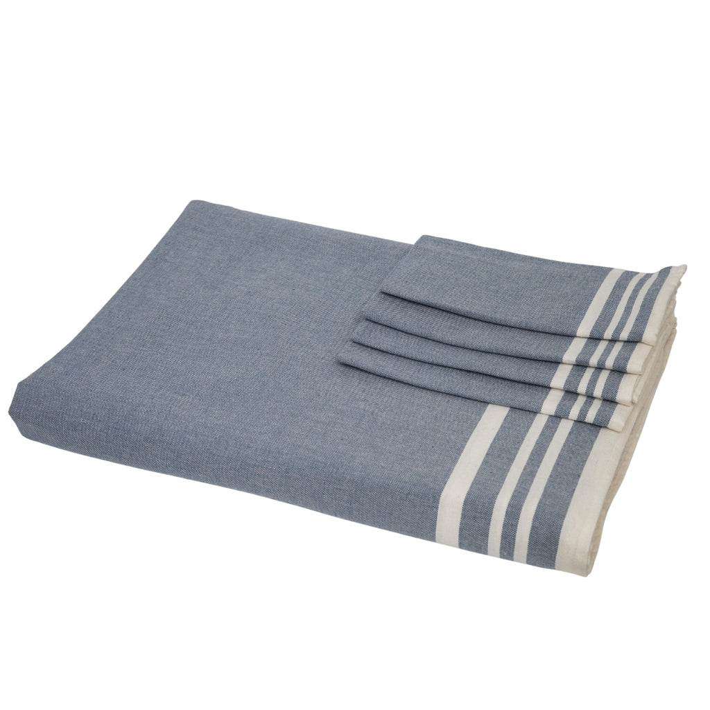 Nappe + 8 serviettes coton 180x300 MAHDIA - bleu jean