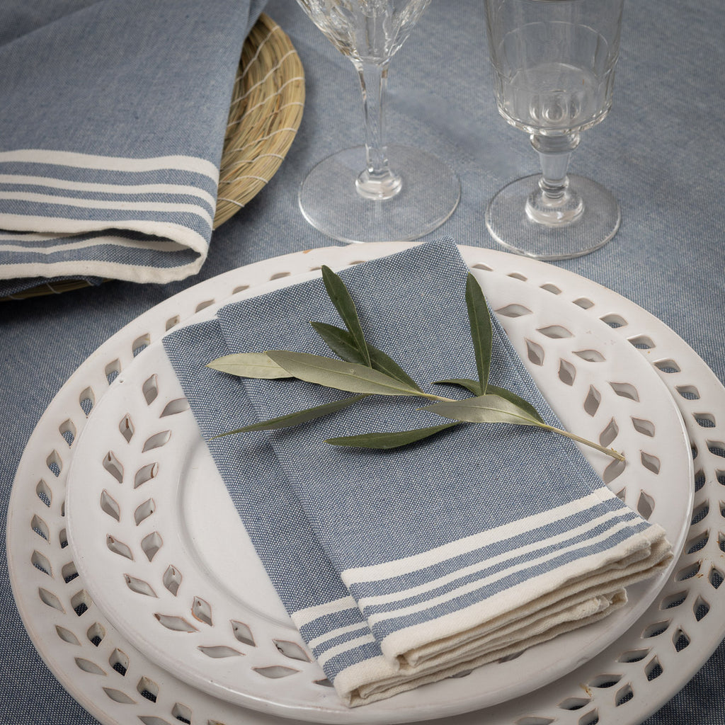 Nappe + 8 serviettes coton 180x350 MAHDIA - bleu jean