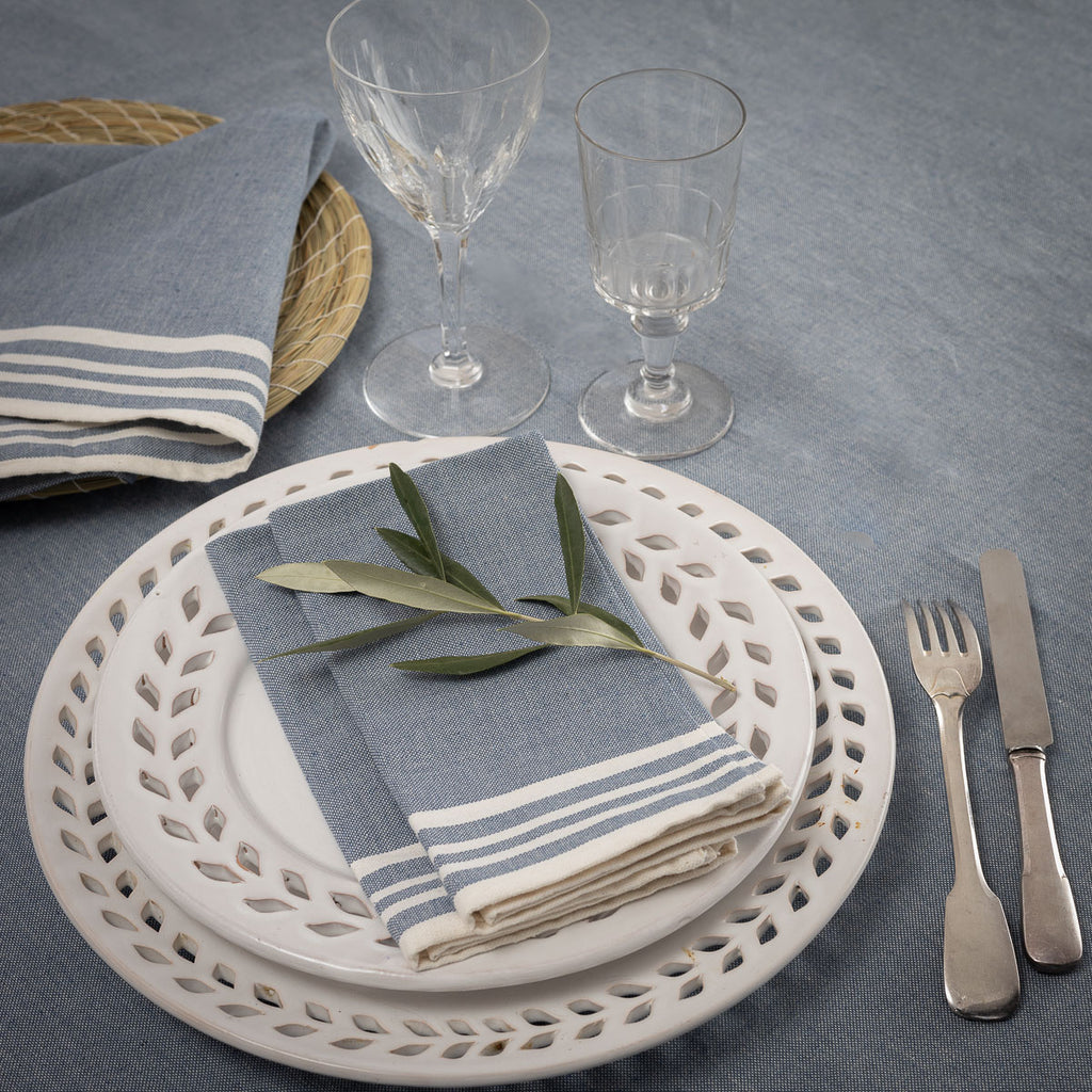 Nappe + 8 serviettes coton 180x350 MAHDIA - bleu jean