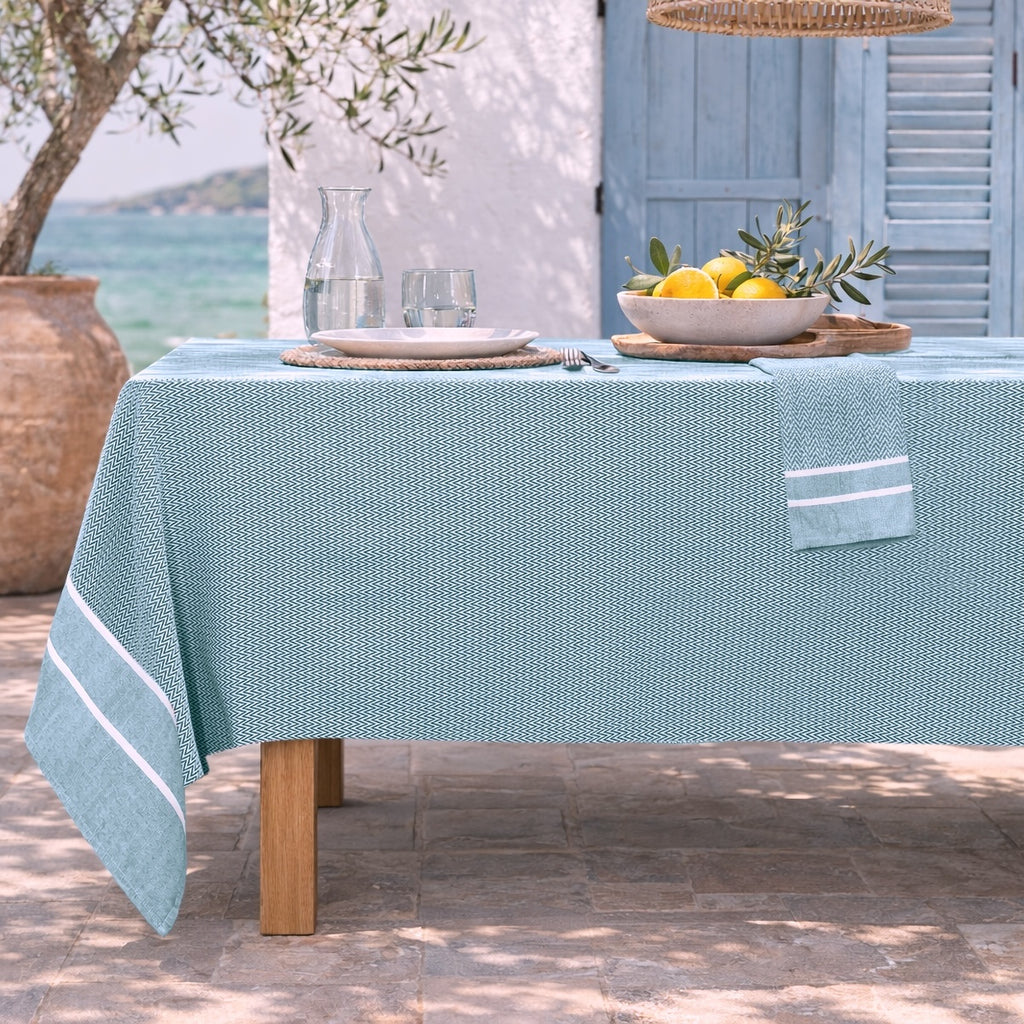 Nappe + 4 serviettes coton 150x250 SIENNA bleu pétrole