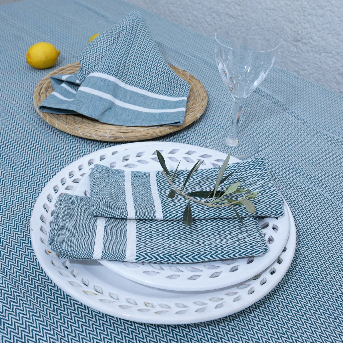 Nappe + 4 serviettes coton 150x250 SIENNA bleu pétrole
