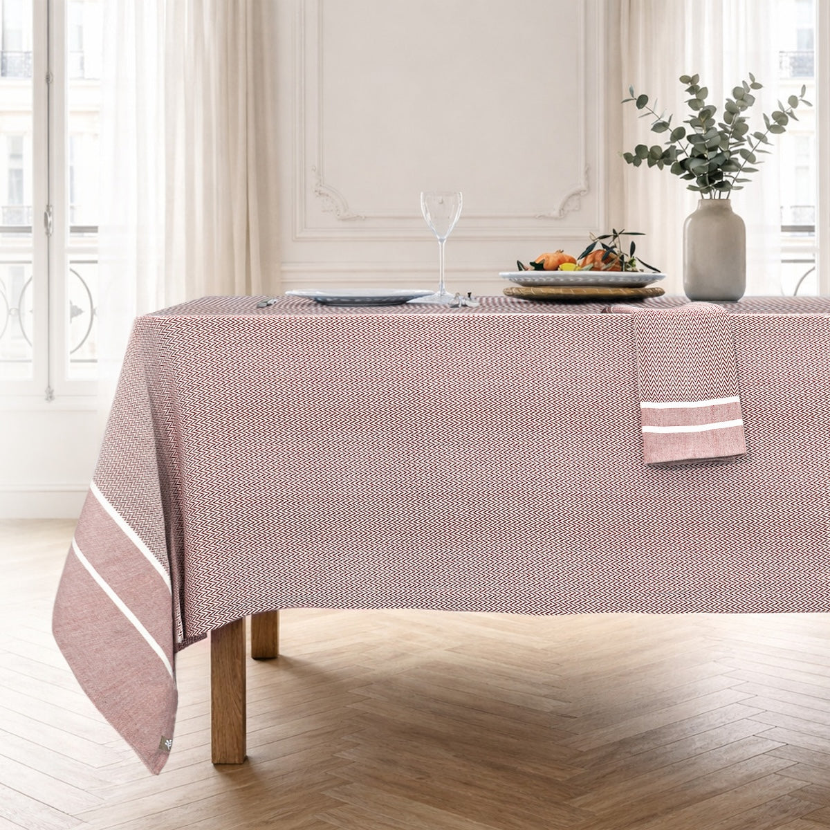 Nappe + 4 serviettes coton 150x250 SIENNA rouge tomette