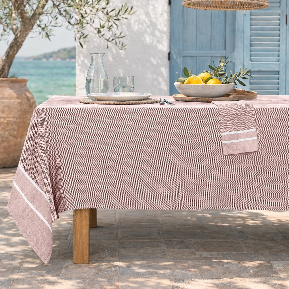 Nappe + 4 serviettes coton 150x250 SIENNA rouge tomette