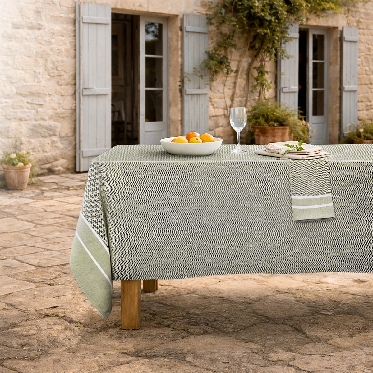 Nappe + 8 serviettes coton 160x300 SIENNA - vert olive