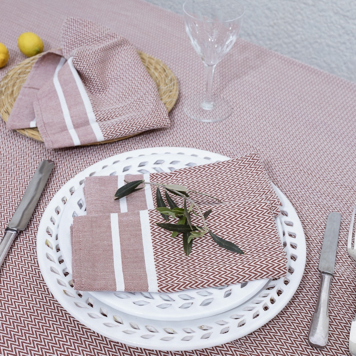 Nappe + 8 serviettes coton 160x300 SIENNA rouge tomette