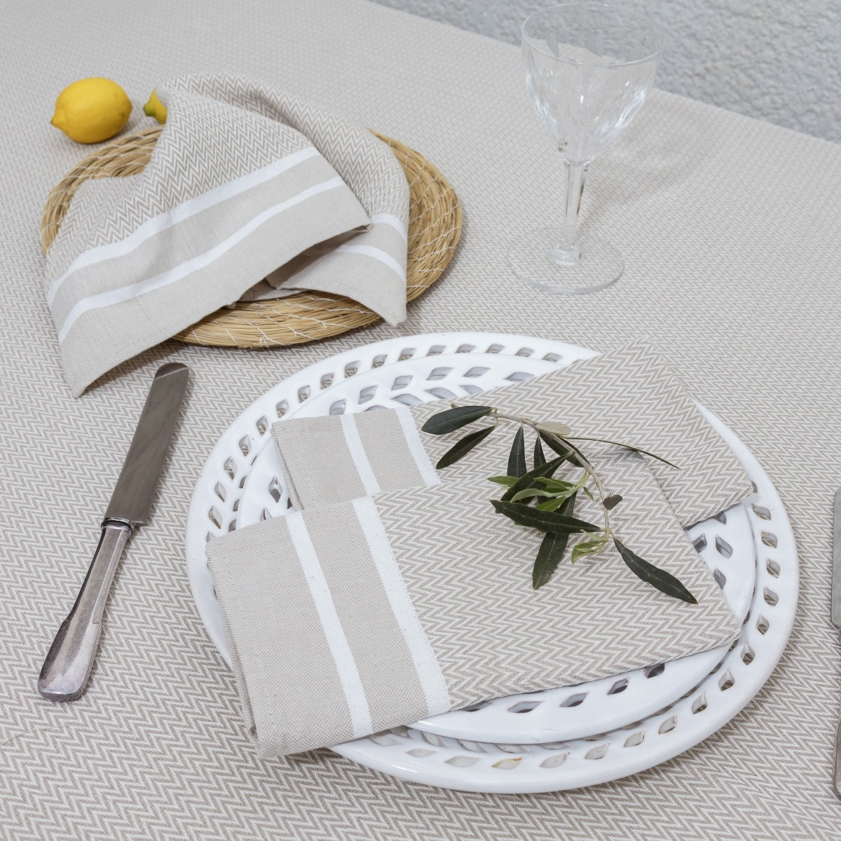 Nappe + 8 serviettes coton 160x300 SIENNA beige