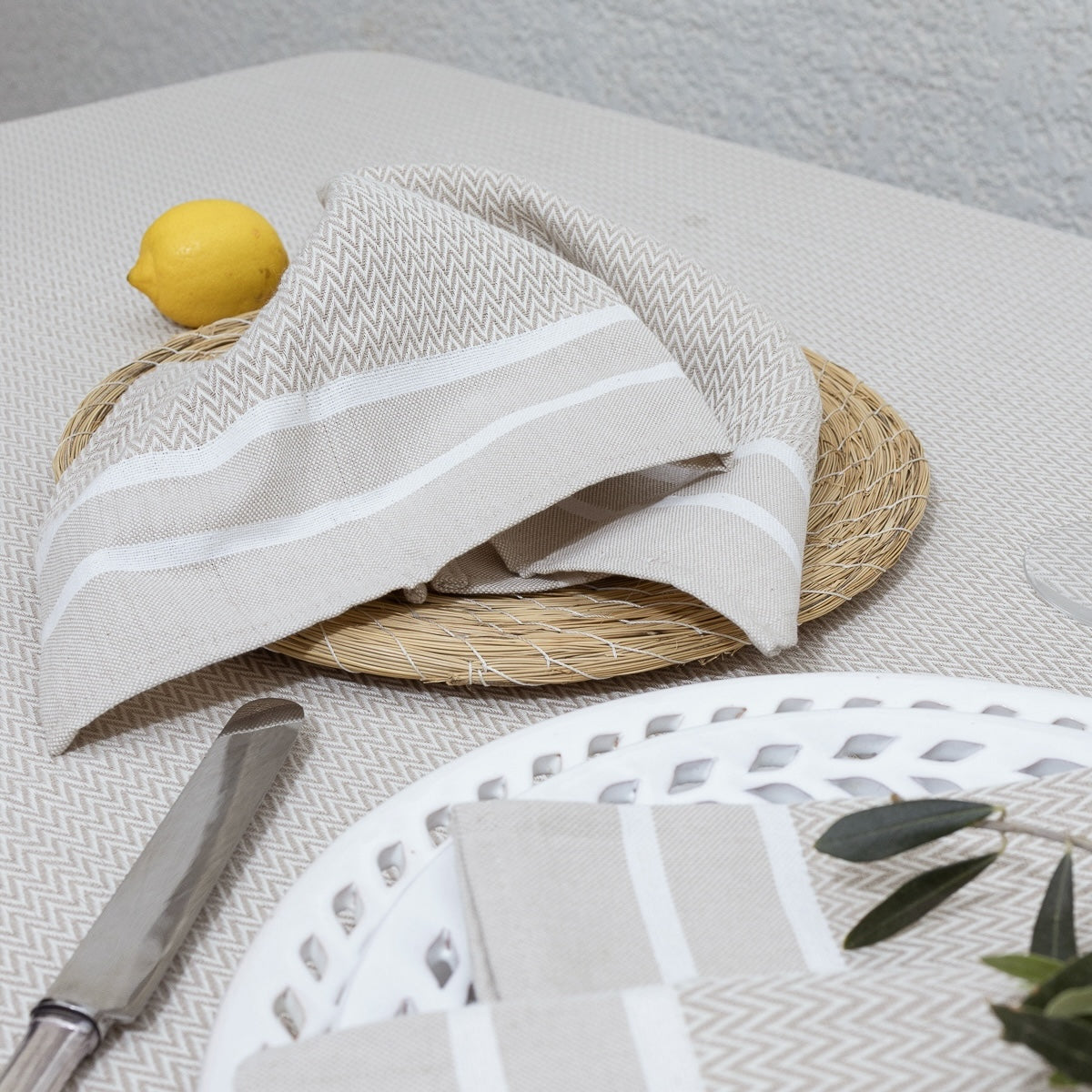 Nappe + 8 serviettes coton 160x300 SIENNA beige