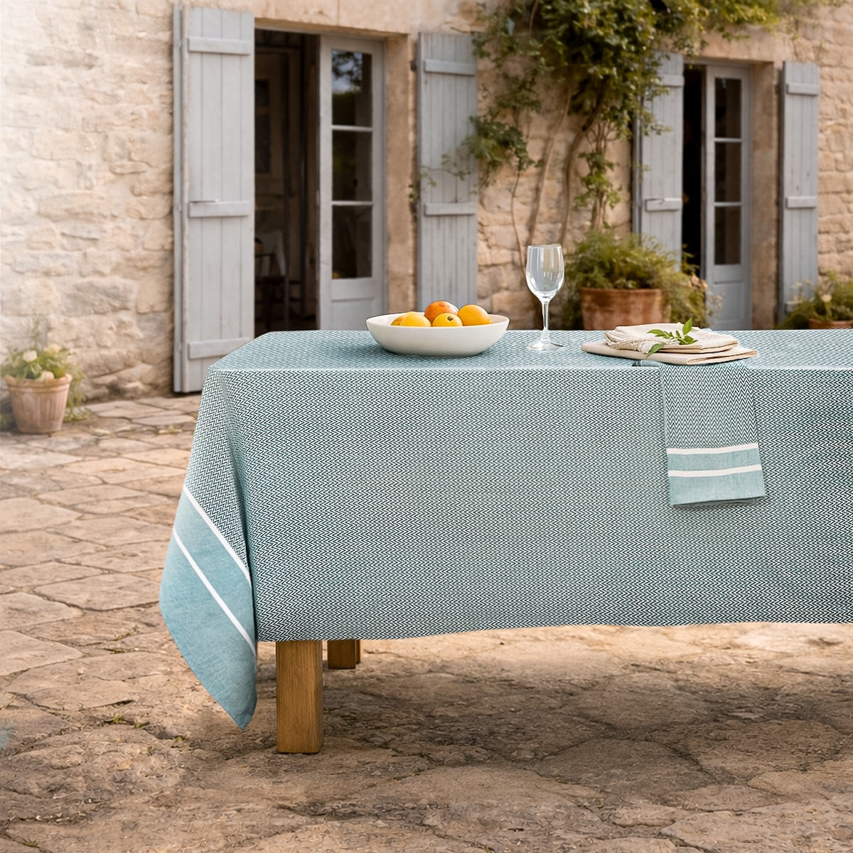 Nappe + 8 serviettes coton 160x350 SIENNA - bleu pétrole
