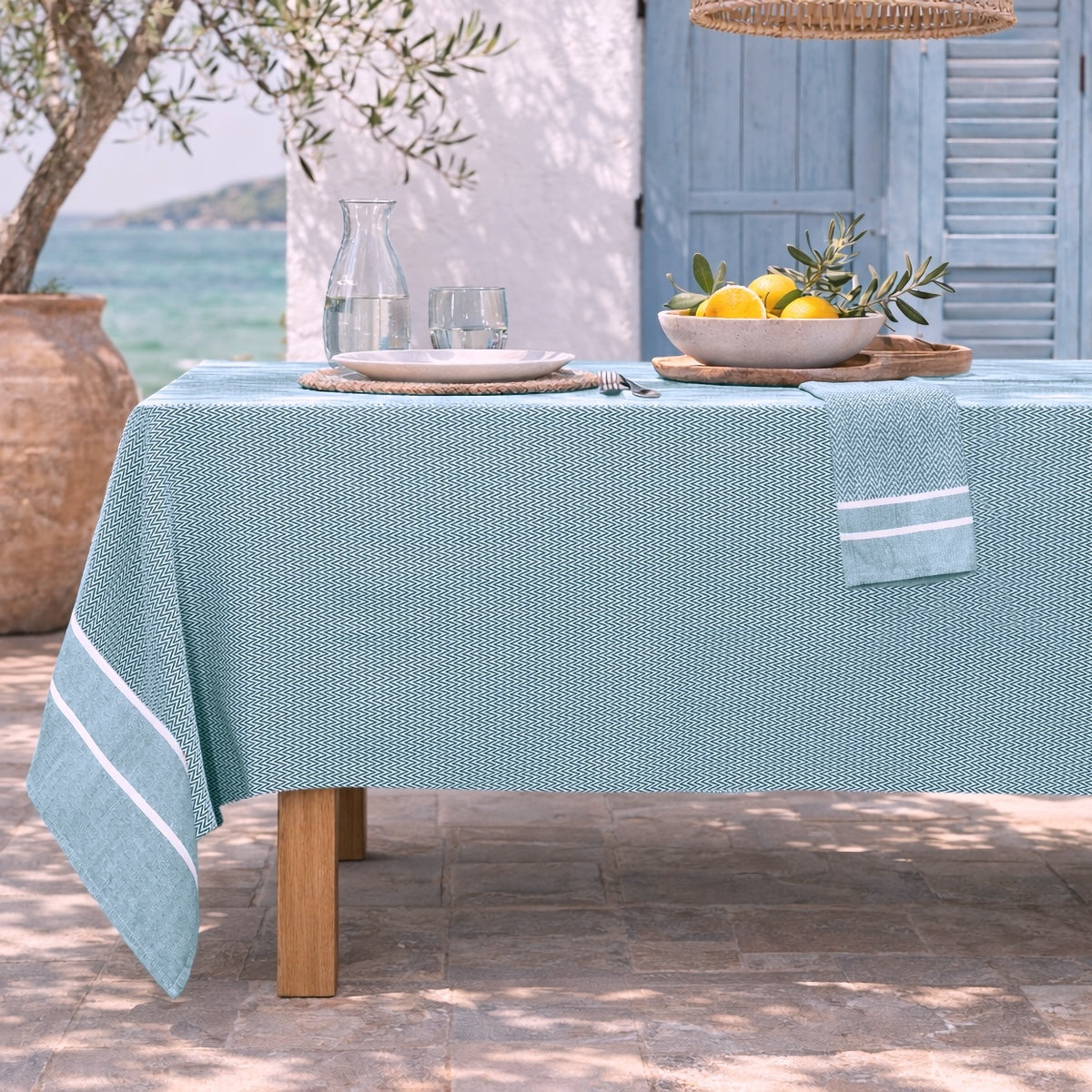 Nappe + 8 serviettes coton 160x350 SIENNA - bleu pétrole