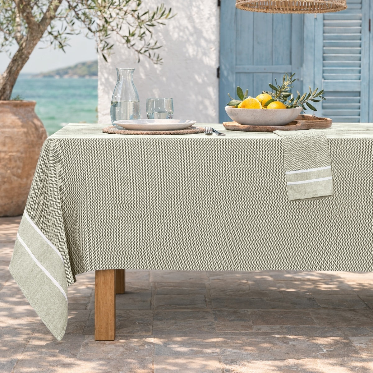 Nappe + 8 serviettes coton 160x350 SIENNA - vert olive