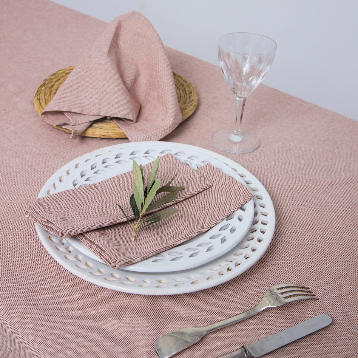 Nappe + 8 serviettes coton 180x300 COLETTE - rouge tomette