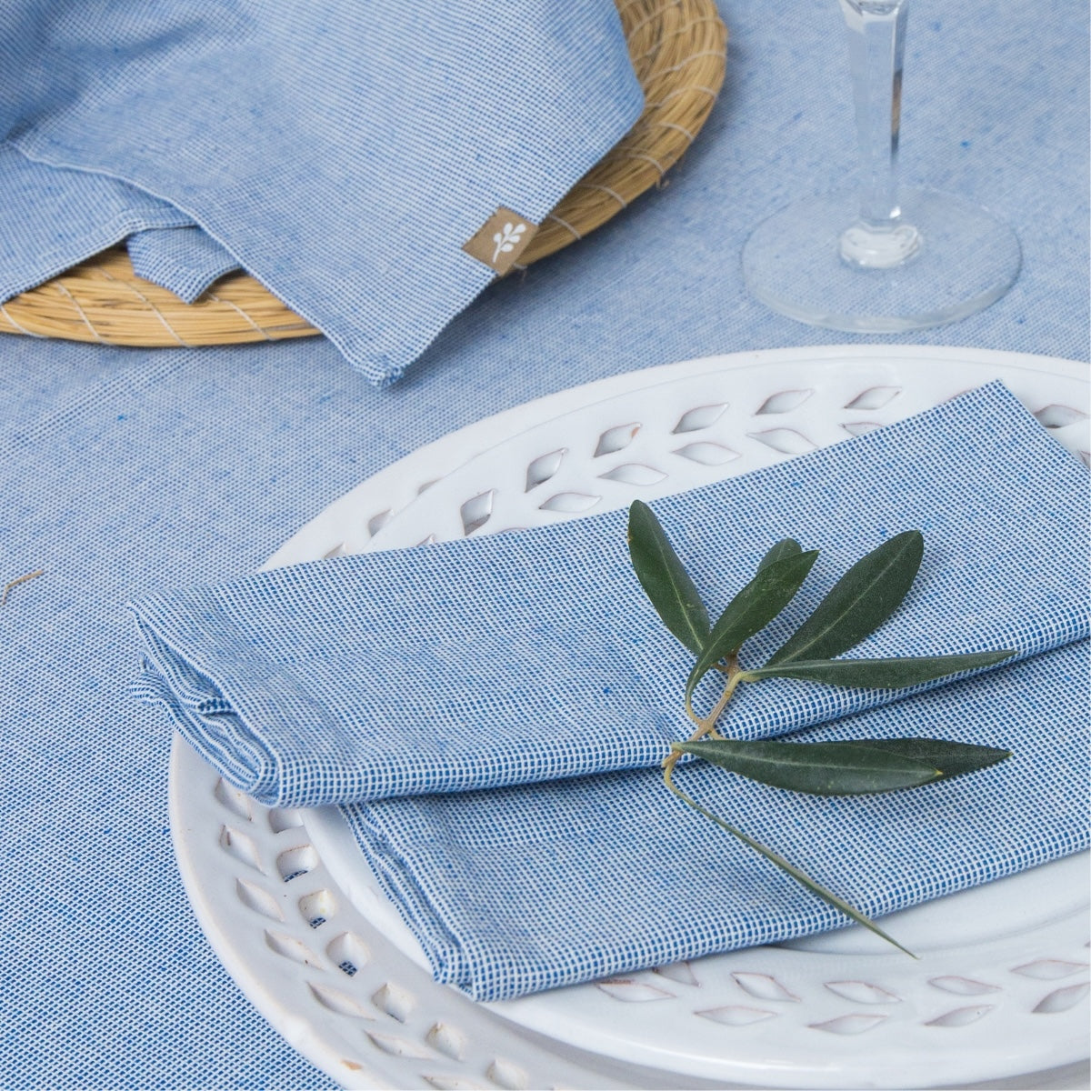 Nappe + 8 serviettes coton 180x300 COLETTE - bleu grec