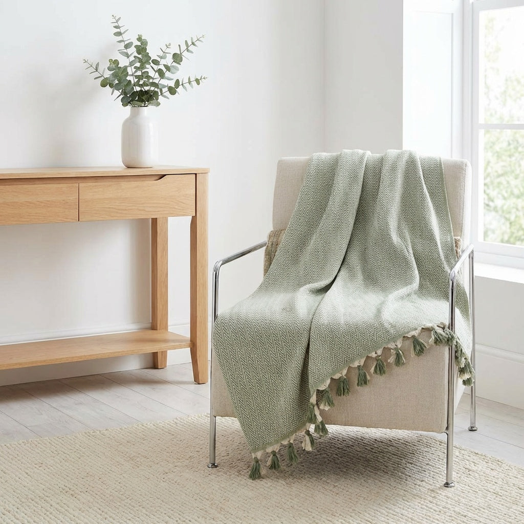 Plaid coton vert céladon MEGEVE - 160x250 cm