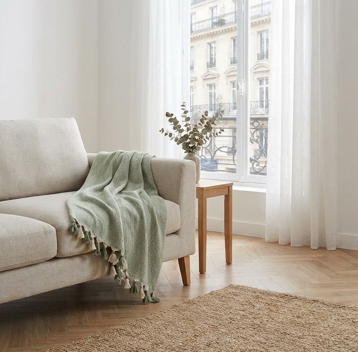 Plaid coton vert céladon MEGEVE - 160x250 cm