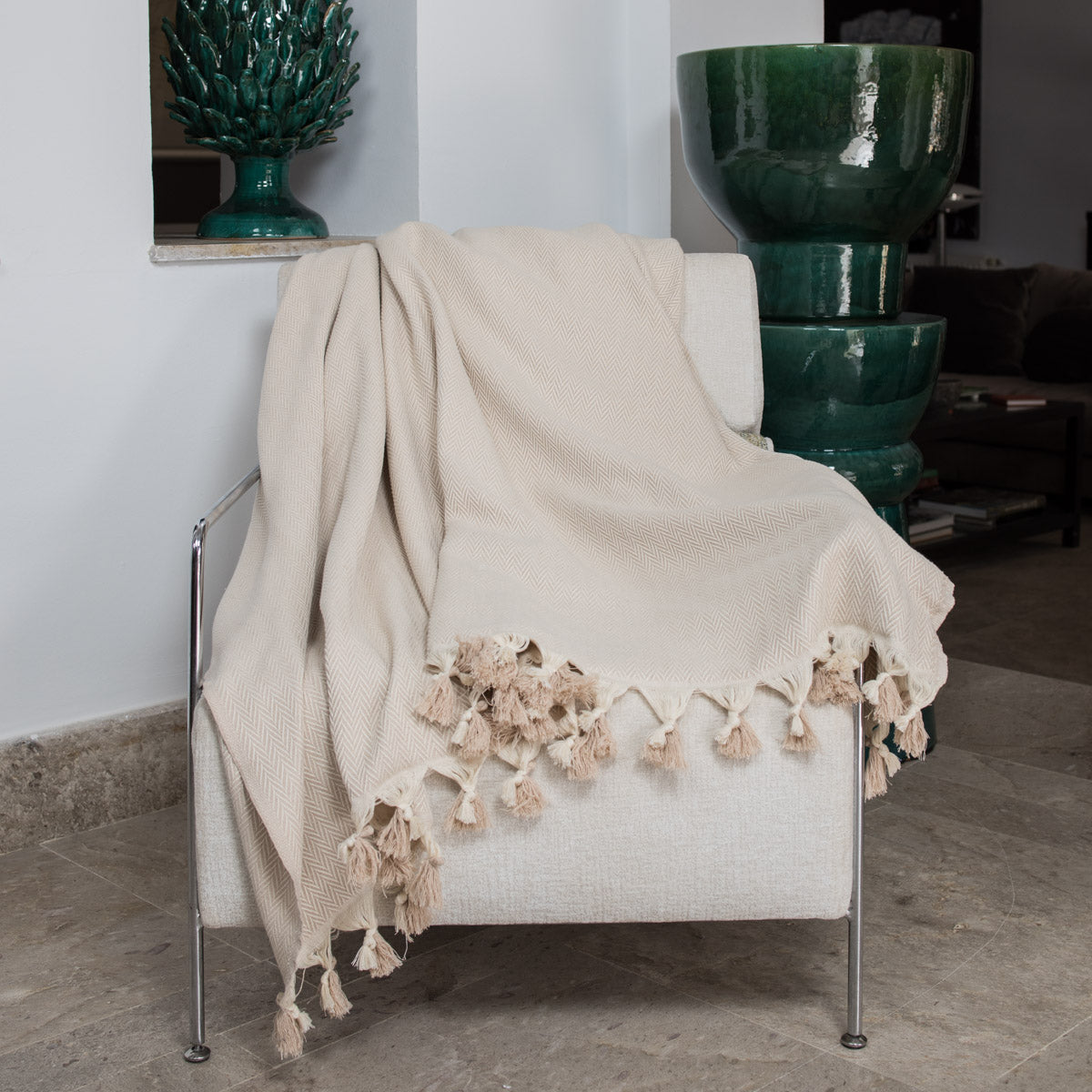 Set de 2 plaids coton 160x250 MEGEVE taupe clair