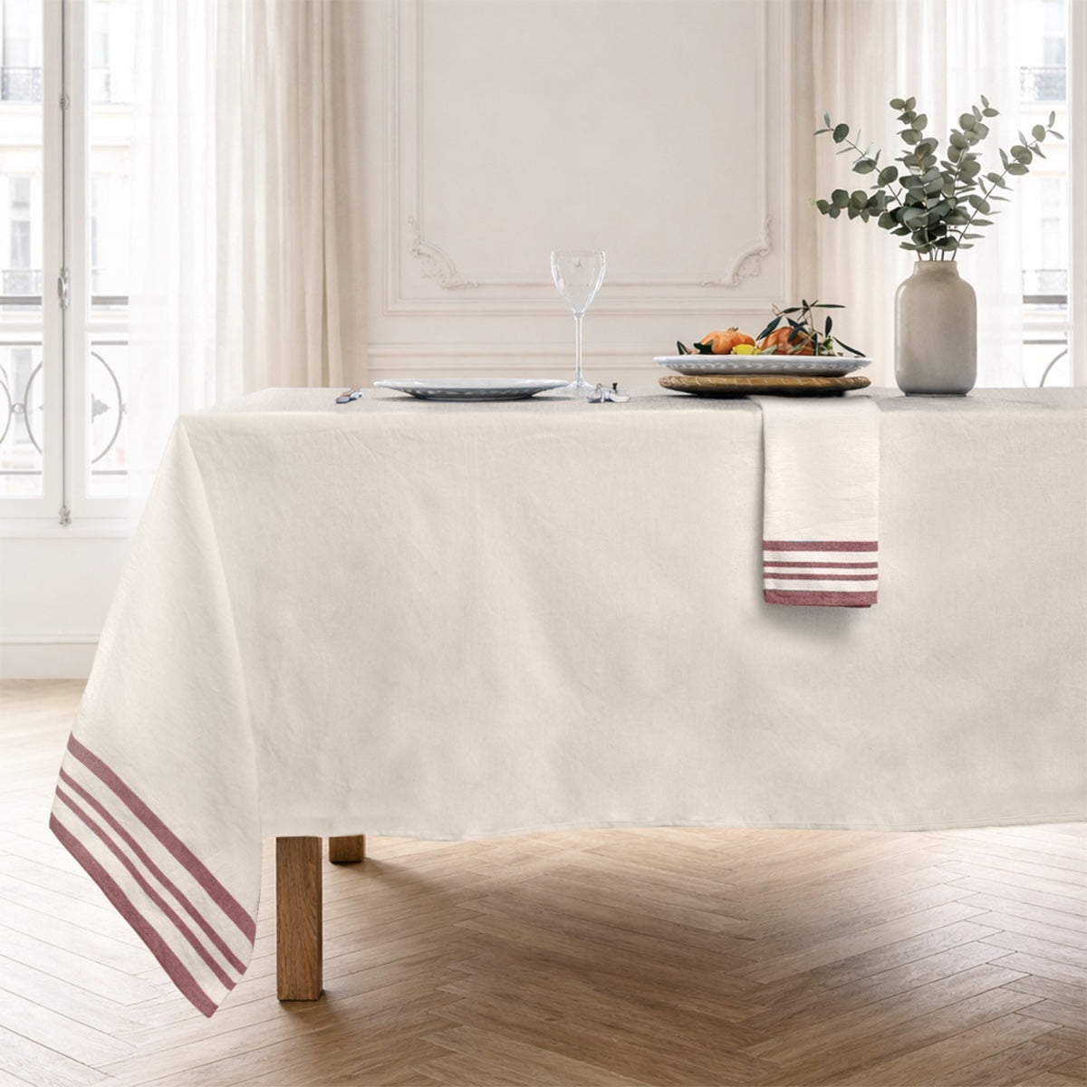 Nappe + 8 serviettes coton 180x350 GUETARY - beige lin / rouge tomette