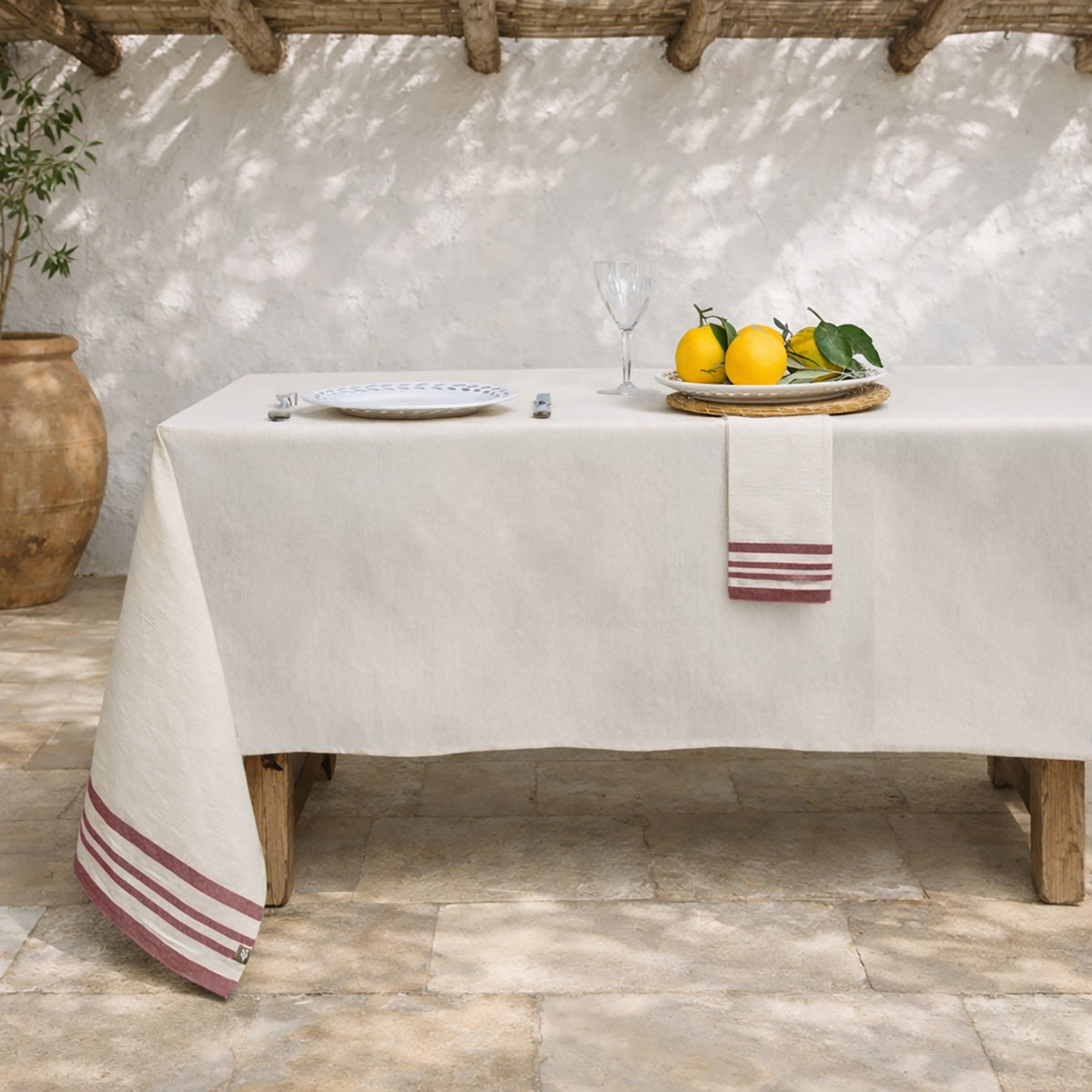 Nappe + 8 serviettes coton 180x350 GUETARY - beige lin / rouge tomette