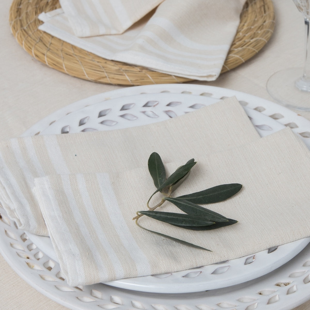 Nappe + 8 serviettes coton 180x350 GUETARY - beige lin / blanc
