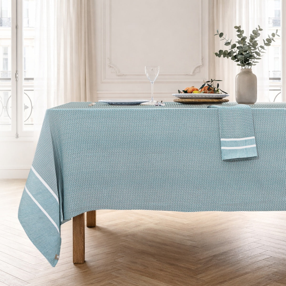 Nappe + 10 serviettes coton 160x400 SIENNA - bleu pétrole