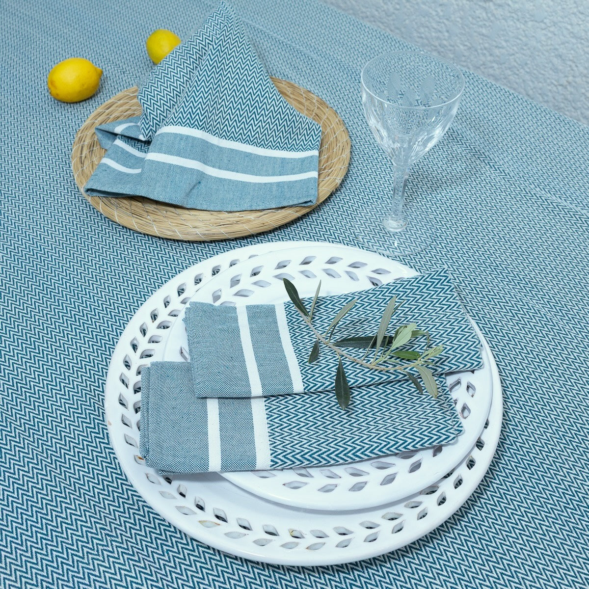 Nappe + 10 serviettes coton 160x400 SIENNA - bleu pétrole