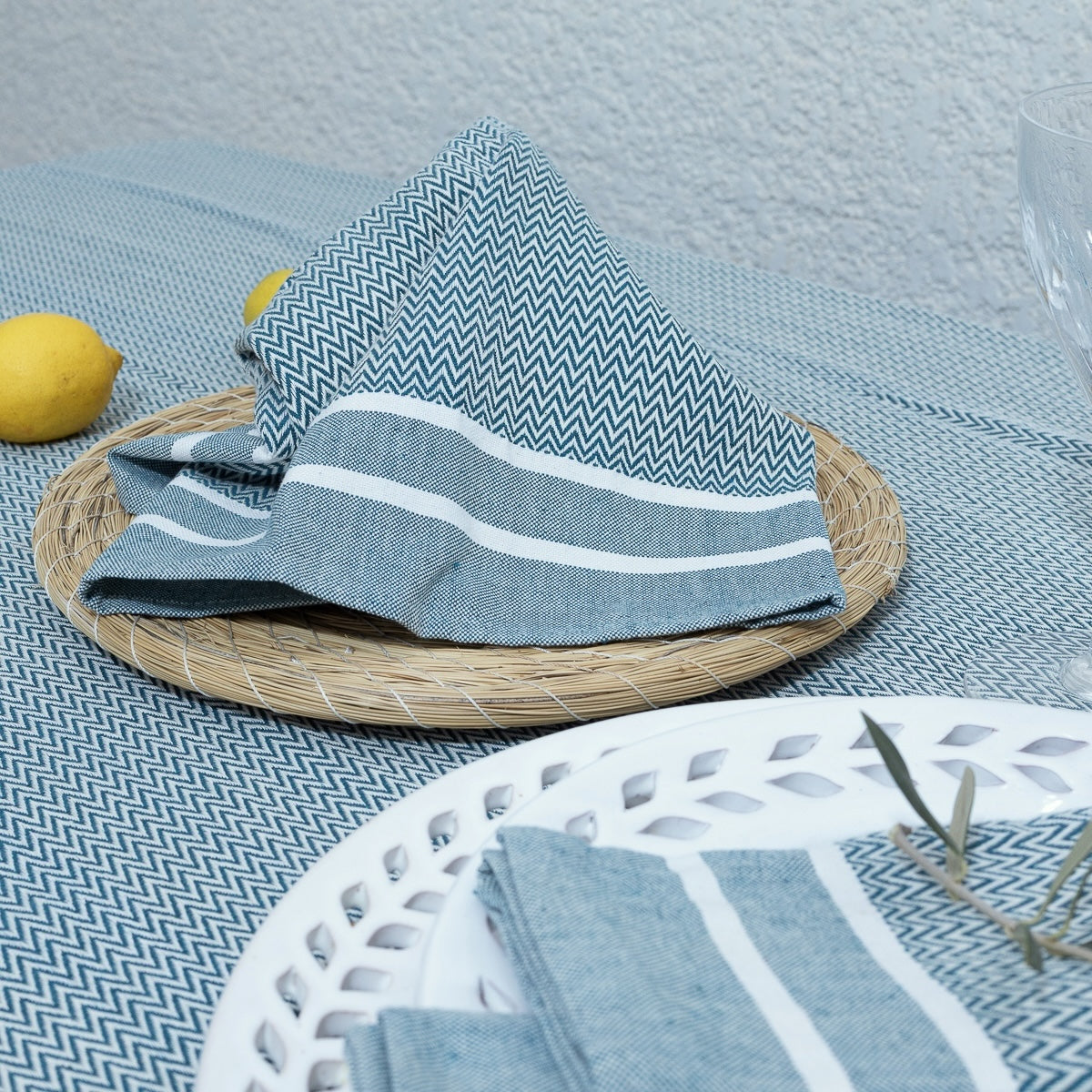 Nappe + 10 serviettes coton 160x400 SIENNA - bleu pétrole