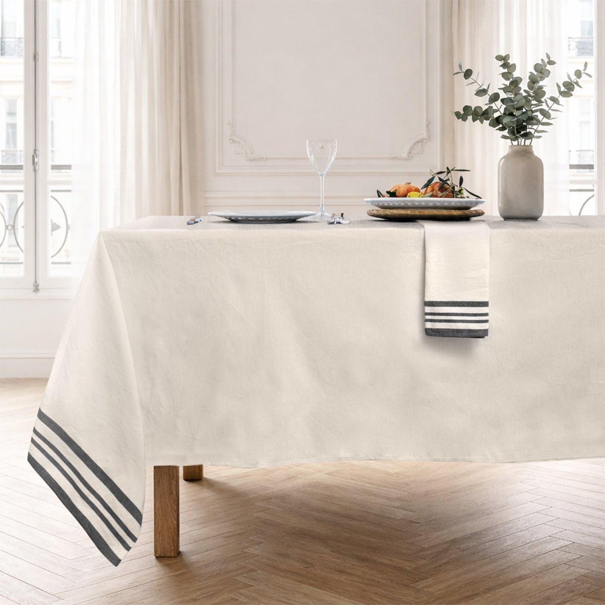 Nappe + 8 serviettes coton 180x350 GUETARY - beige lin / noir