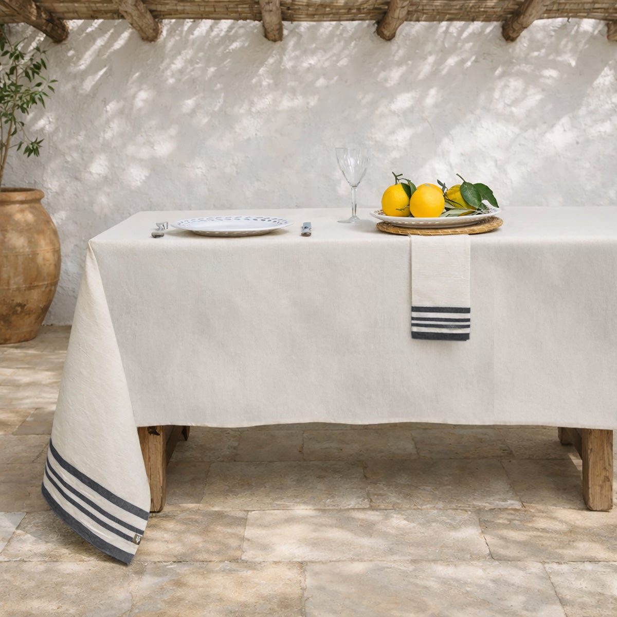 Nappe + 8 serviettes coton 180x350 GUETARY - beige lin / noir