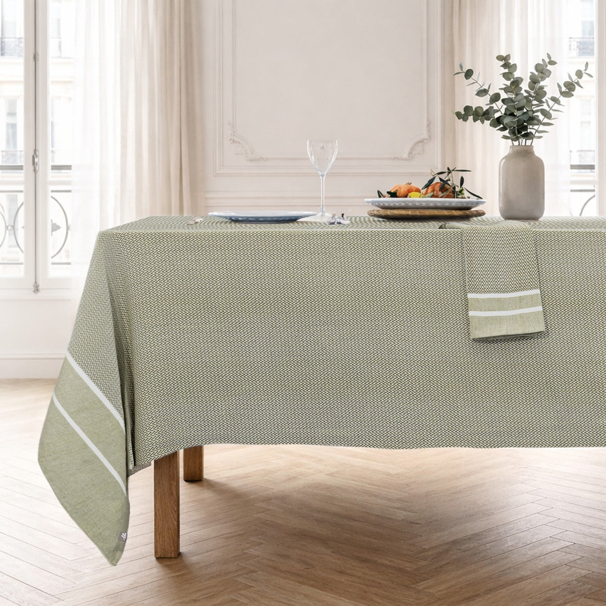 Nappe + 10 serviettes coton 160x400 SIENNA - vert olive