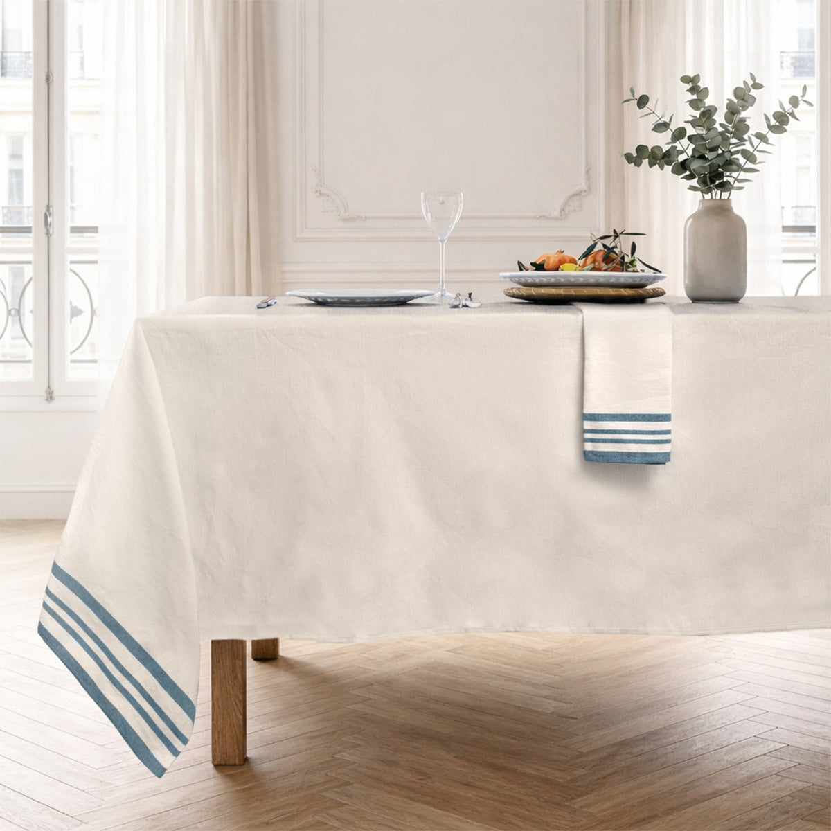 Nappe + 8 serviettes coton 180x350 GUETARY - beige lin / bleu pétrole