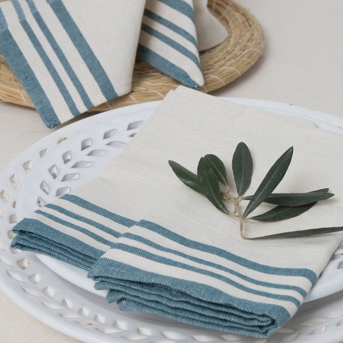 Nappe + 8 serviettes coton 180x350 GUETARY - beige lin / bleu pétrole
