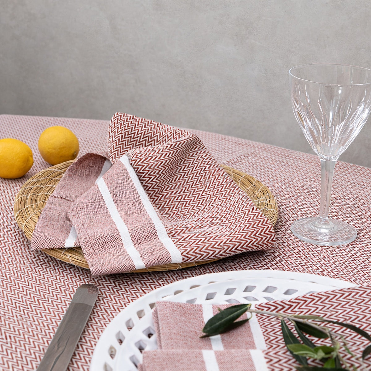 Nappe + 10 serviettes coton 160x400 SIENNA - rouge tomette