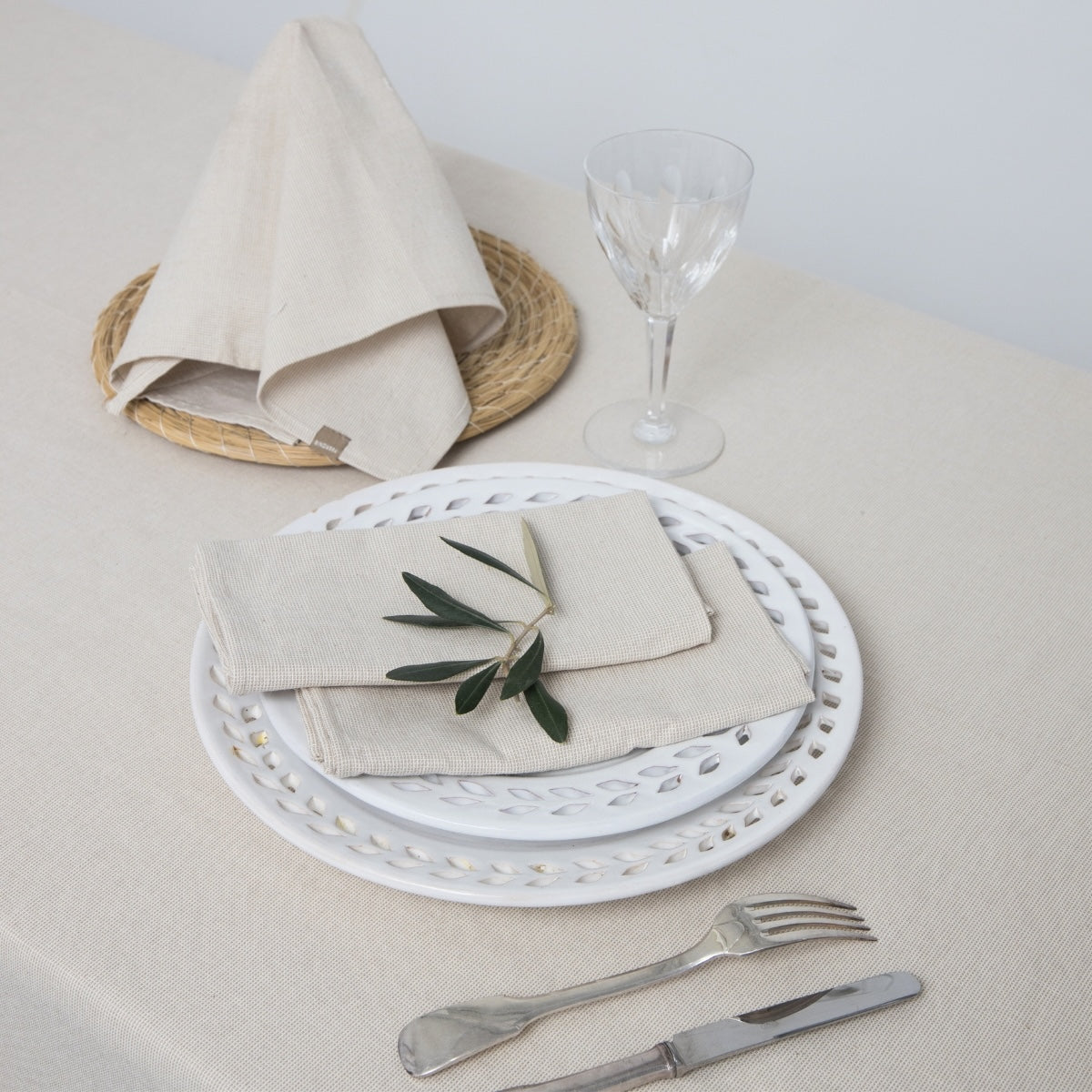 Nappe + 10 serviettes coton 180x400 COLETTE - taupe clair