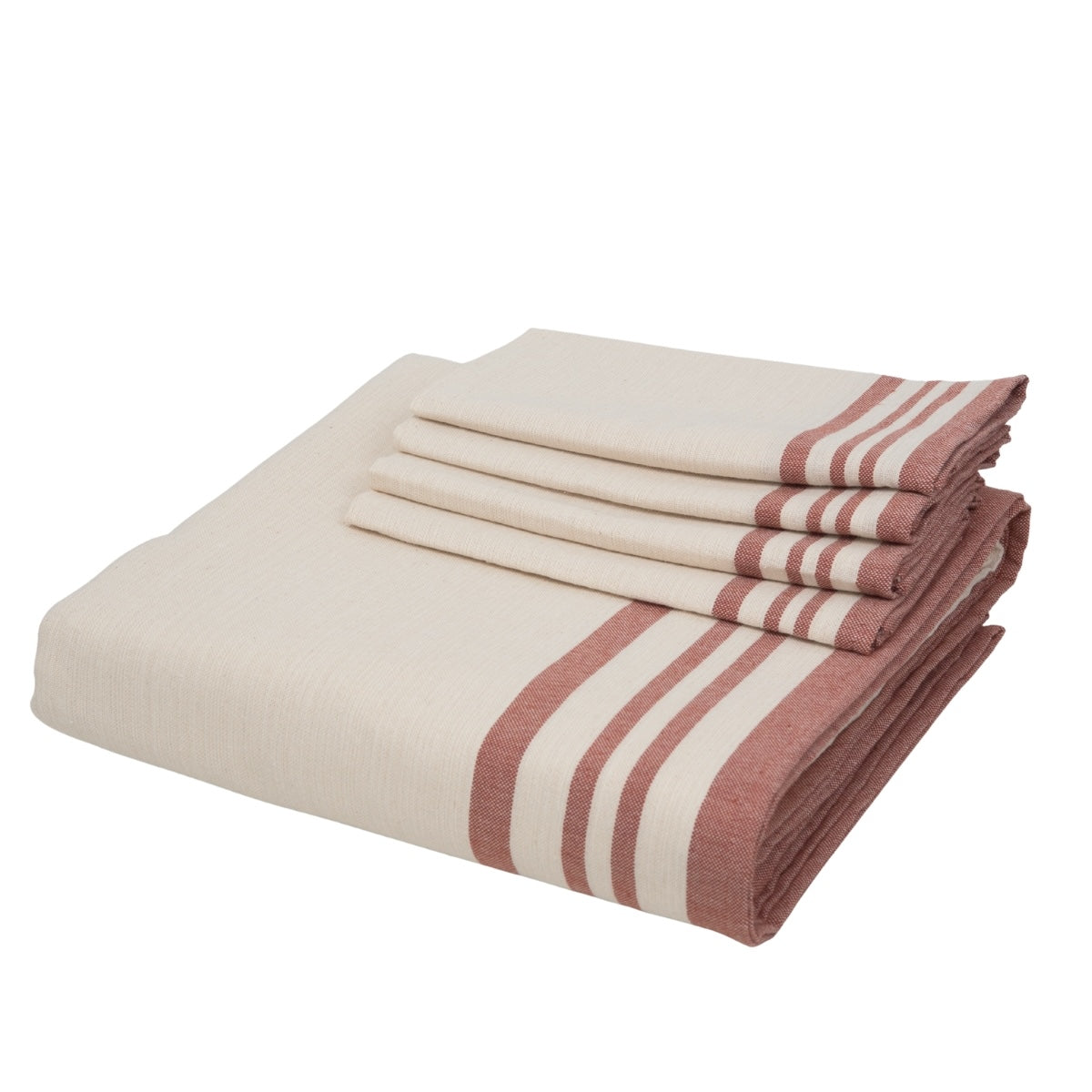 Nappe + 10 serviettes coton 180x400 GUETARY - beige lin / rouge tomette